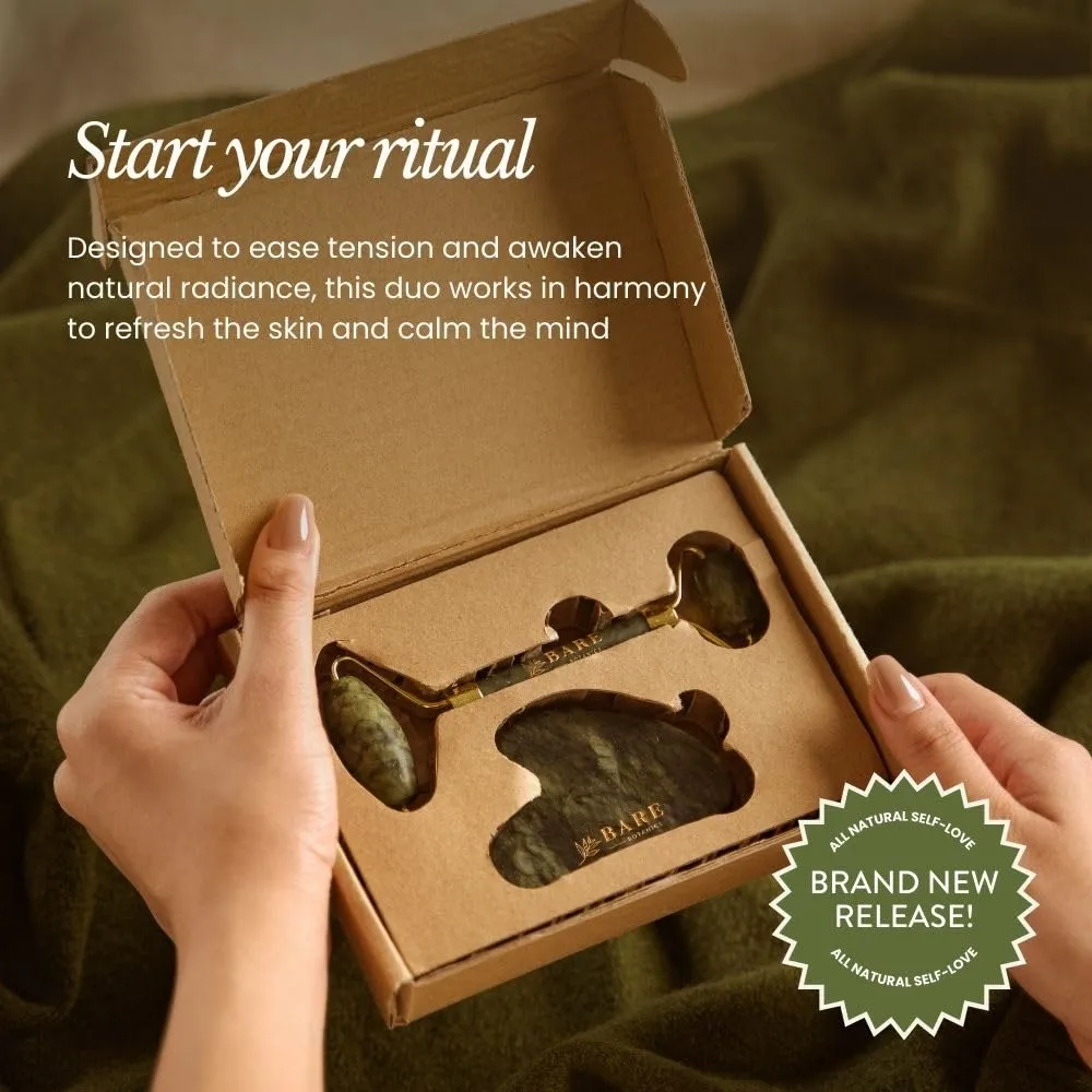 Bare Botanics Jade Gua Sha & Face Roller Set | Authentic Jade Facial Tools for Puffiness, Lymphatic Drainage & Glowing Skin | Dual Skincare Depuff Set | Vegan & Cruelty-Free
