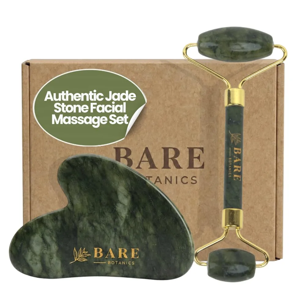 Bare Botanics Jade Gua Sha & Face Roller Set | Authentic Jade Facial Tools for Puffiness, Lymphatic Drainage & Glowing Skin | Dual Skincare Depuff Set | Vegan & Cruelty-Free