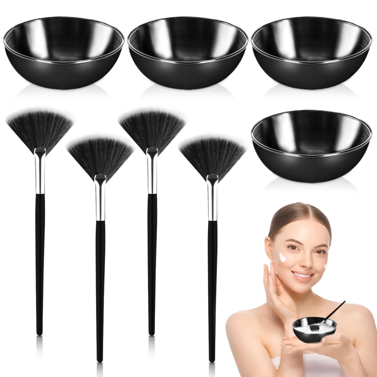 8 Pcs Black Facial Bowl and Brush Set 4 Black Stainless Steel Mixing Bowls 4 Facial Fan Brushes Esthetician Facial Mixing Bowls Esthetician Face Mask Brush for Mud Cream Spa Salon (8 Pcs)