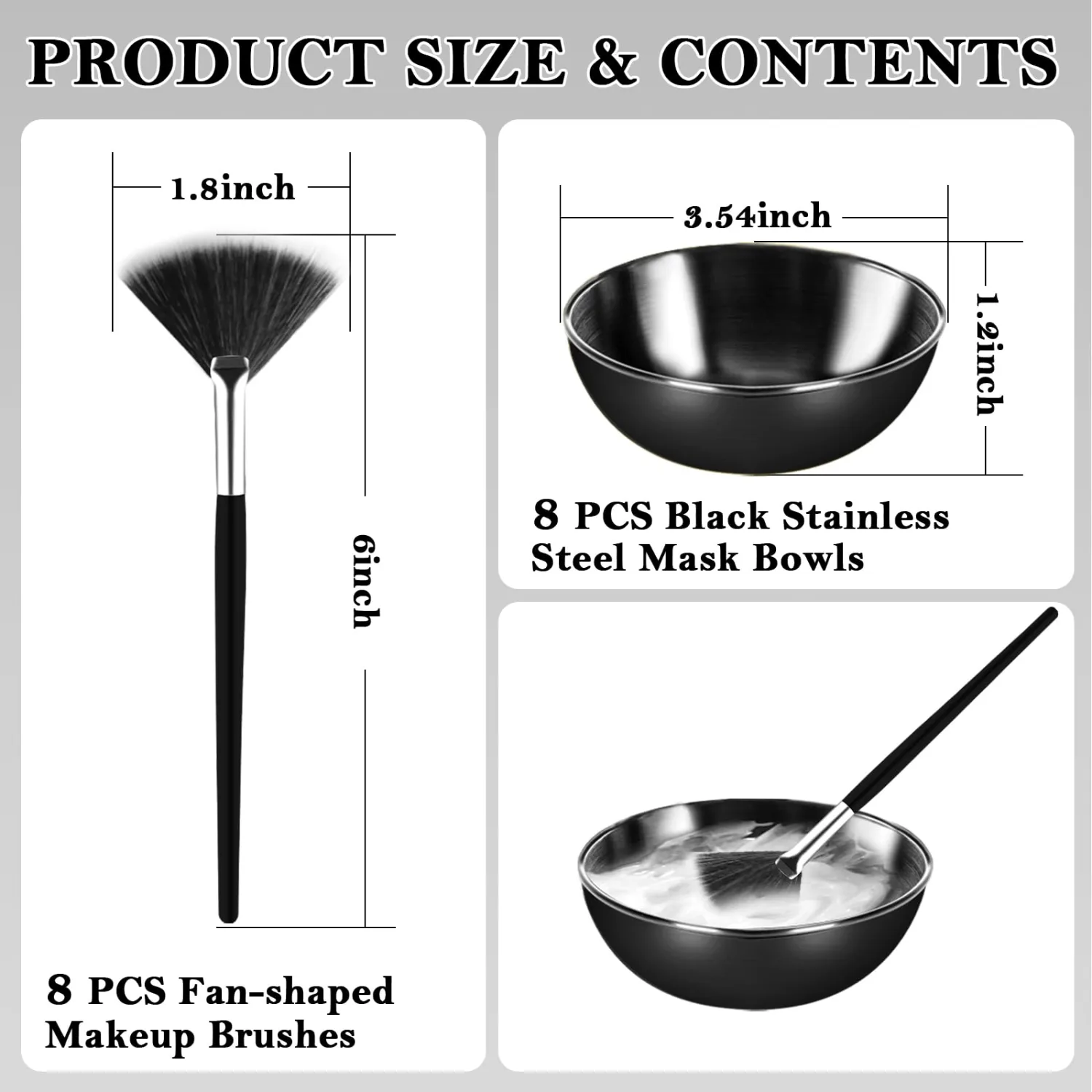 16 Pcs Black Facial Bowl and Brush Set 8 Black Stainless Steel Mixing Bowls Facial Mixing Bowls Esthetician 8 Facial Fan Brushes Esthetician Face Mask Brush for Mud Cream Makeup Spa Salon Women
