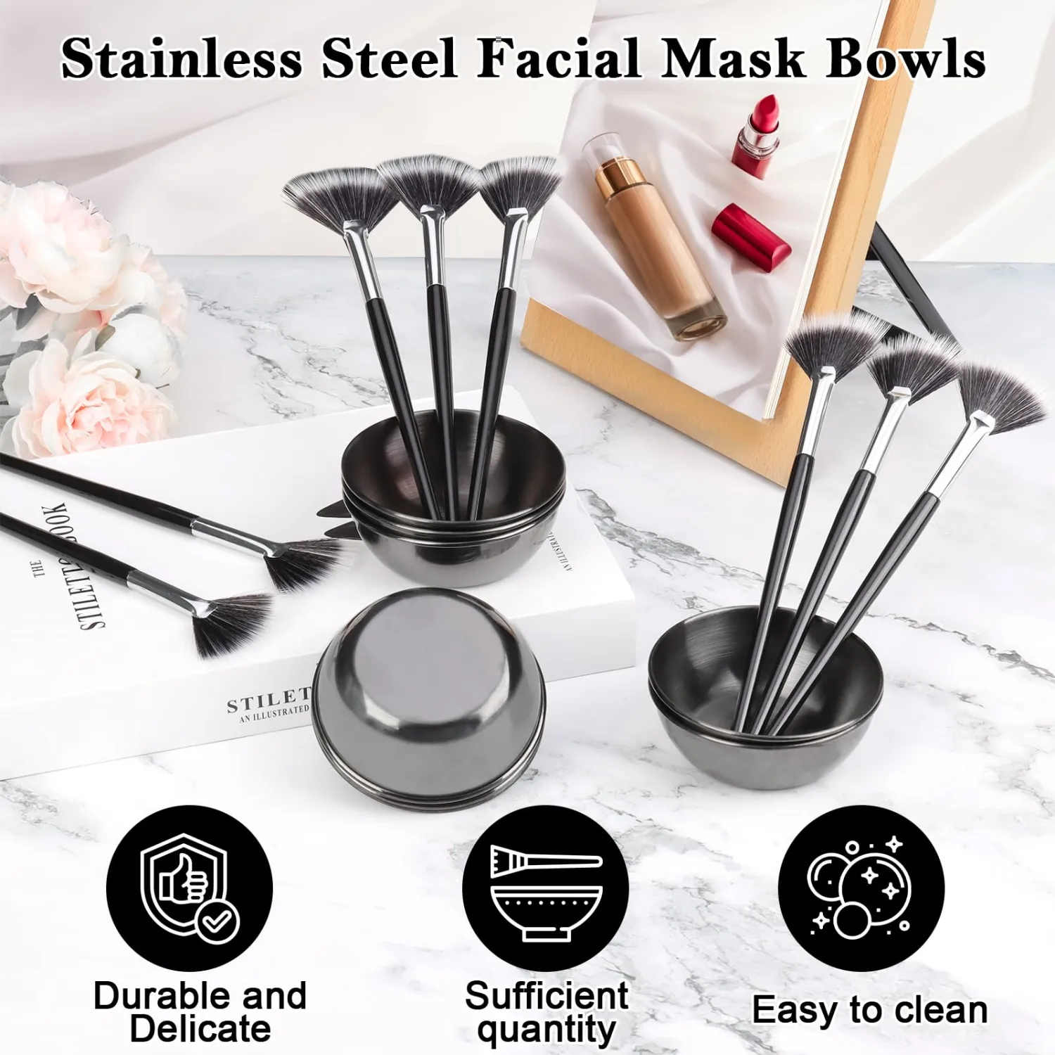 16 Pcs Black Facial Bowl and Brush Set 8 Black Stainless Steel Mixing Bowls Facial Mixing Bowls Esthetician 8 Facial Fan Brushes Esthetician Face Mask Brush for Mud Cream Makeup Spa Salon Women