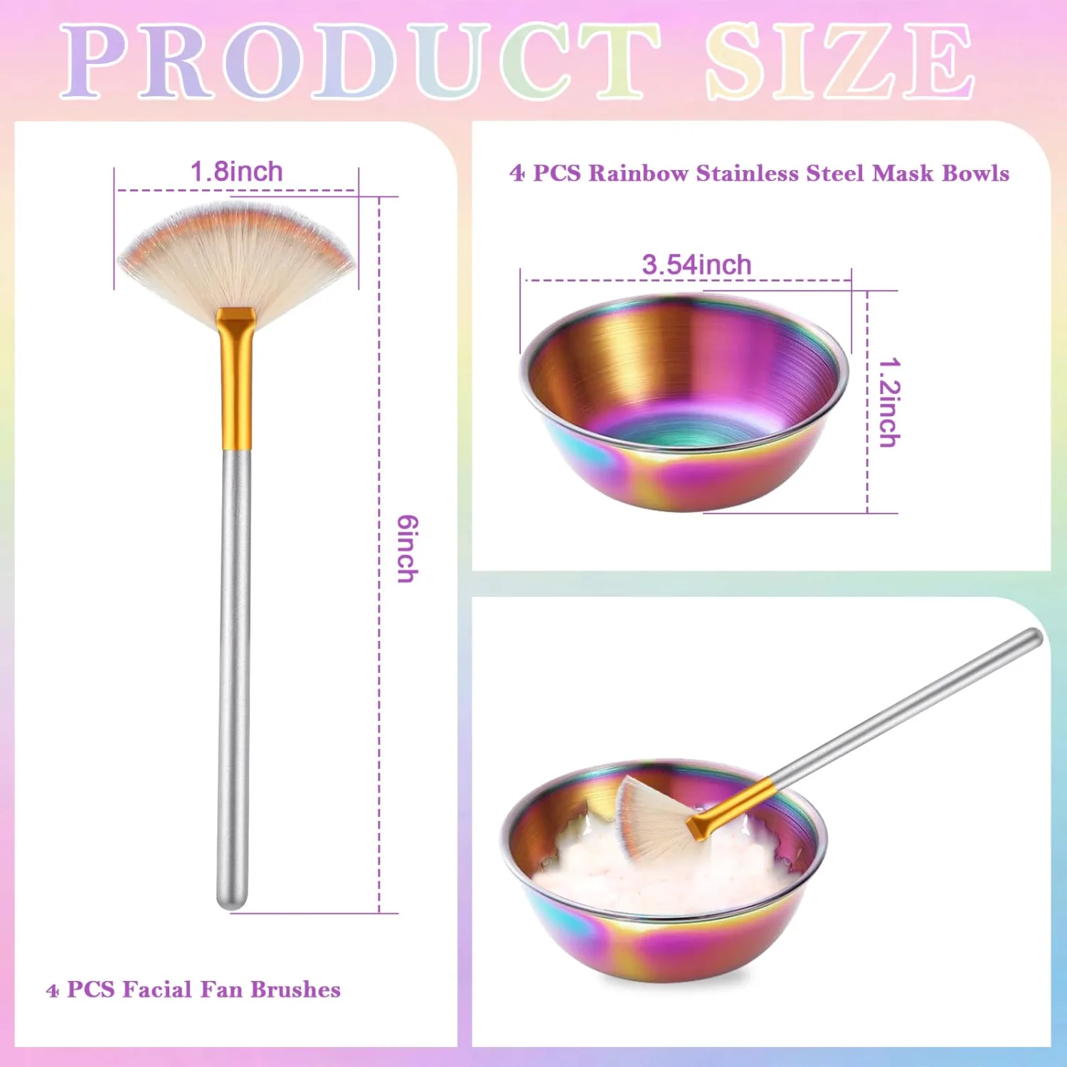 8 Pcs Rainbow Esthetician Supplies 4 Facial Fan Brushes Esthetician 4 Rainbow Stainless Steel Mixing Bowls Face Mask Brush Facial Bowls Esthetician for Mud Cream Makeup Spa Salon Women