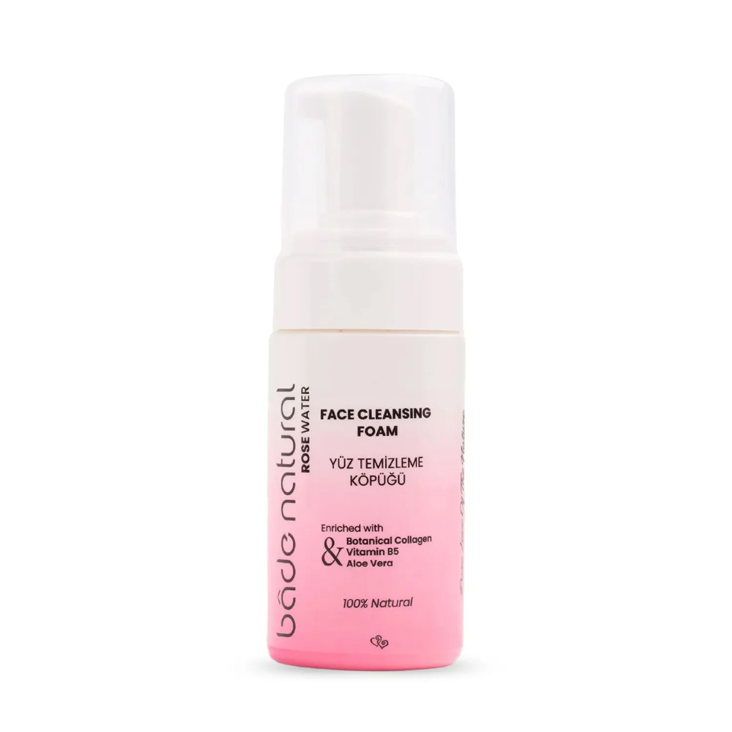 Bade Natural Rosewater Foaming Facial Cleanser – Gentle Vegan Face & Plant-Based Collagen – Hydrating for All Skin Types – 3.4 fl oz (100 ml)