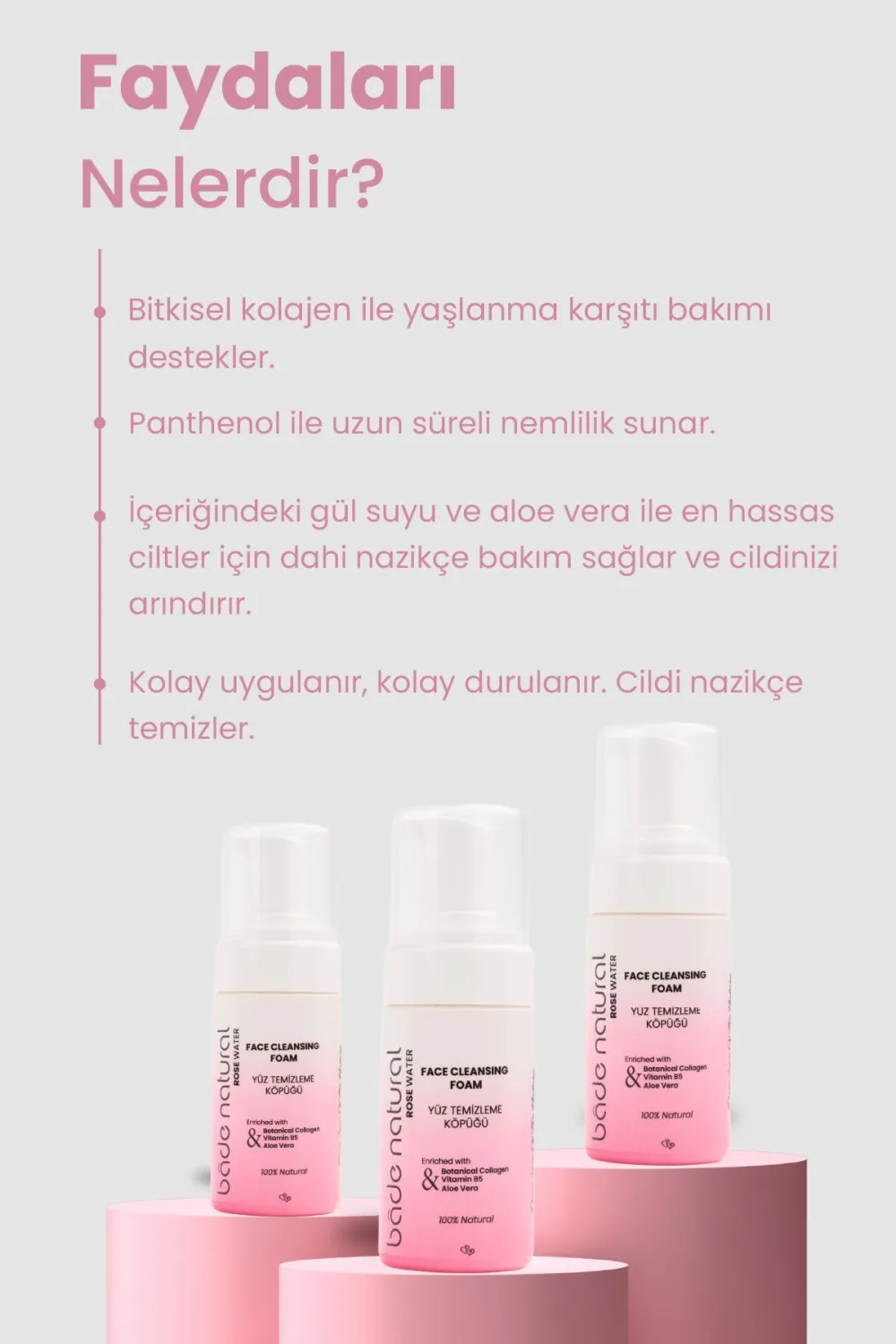 Bade Natural Rosewater Foaming Facial Cleanser – Gentle Vegan Face & Plant-Based Collagen – Hydrating for All Skin Types – 3.4 fl oz (100 ml)
