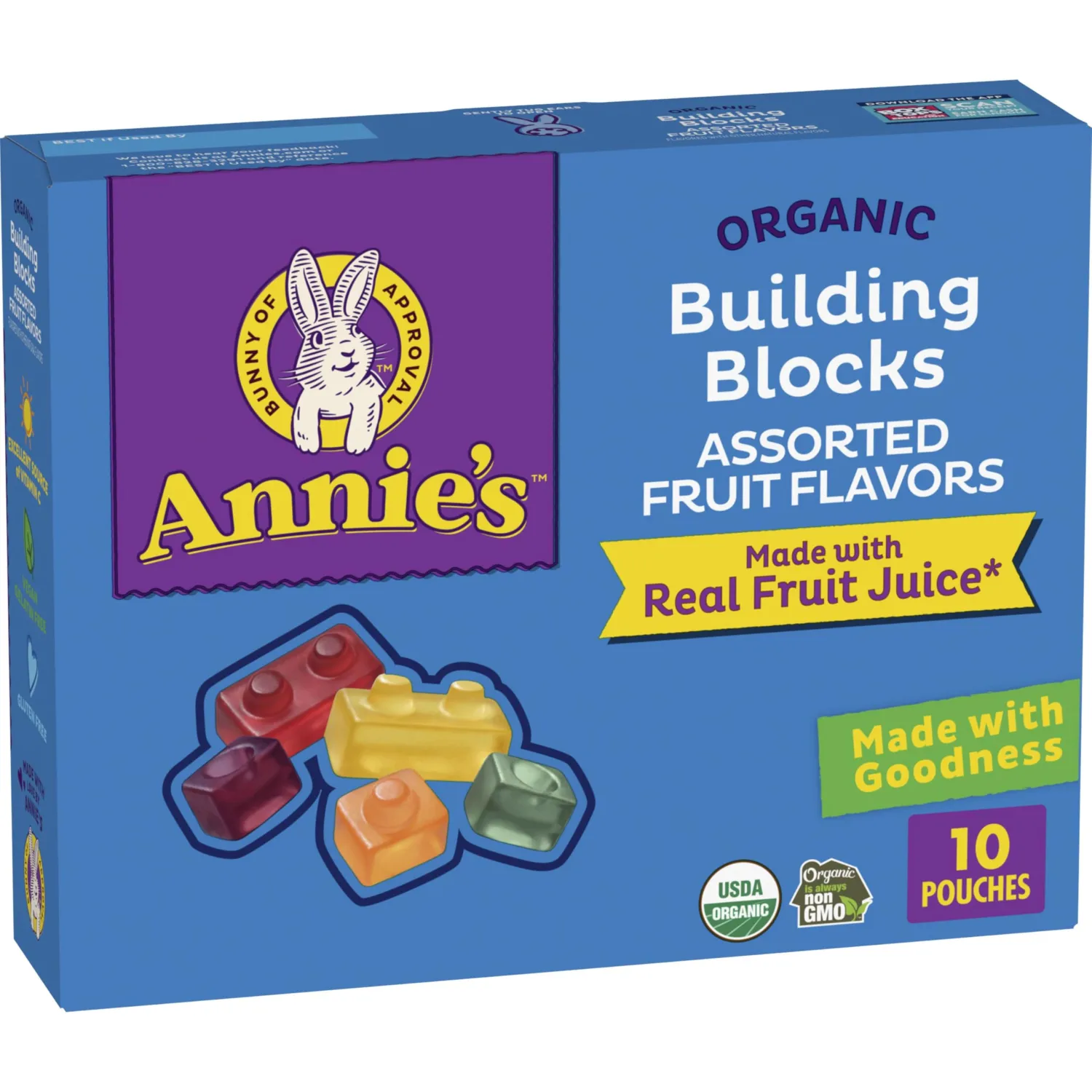Annie's Organic Building Blocks Fruit Flavored Snacks, Assorted Fruit Flavors, Gluten Free, 10 Pouches, 7 oz