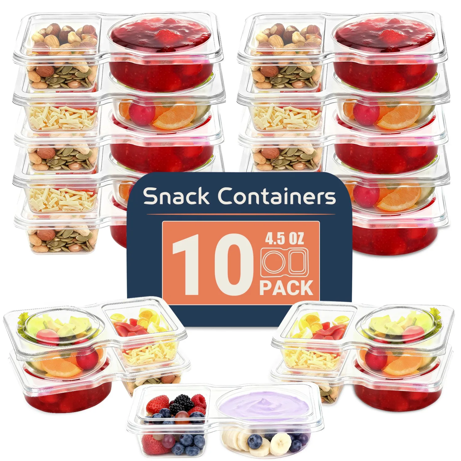 10-Pack 2 Compartment Snack Containers with Secure-Fit Lids – Reusable BPA-Free Snack Prep Boxes for Kids & Families, Portion Control Food Storage, Lunch Snack Containers