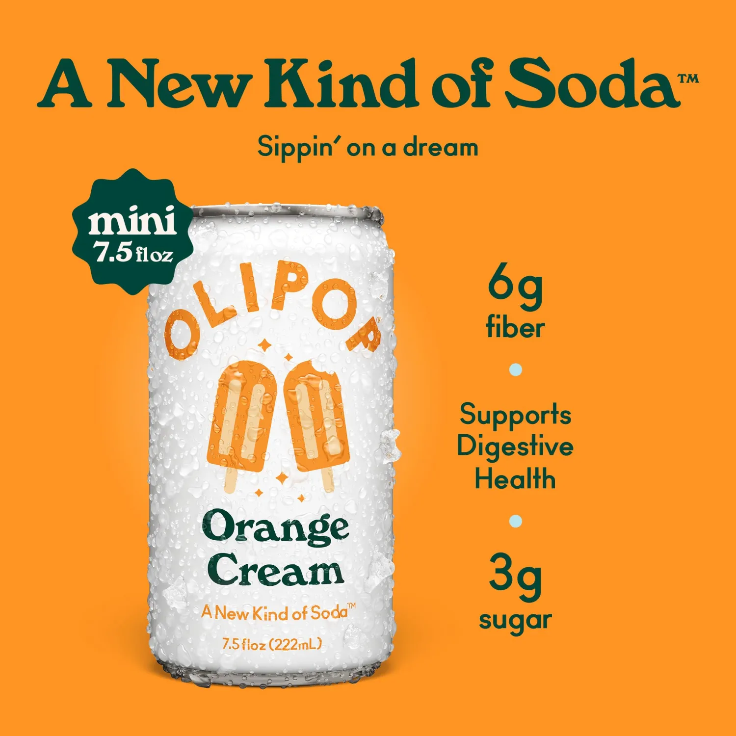 OLIPOP Minis Prebiotic Soda Pop, Orange Cream, Pantry Pack Packed with Prebiotics, Fiber, and Botanicals, Gluten Free, GMO Free, 7.5oz (6-Cans)