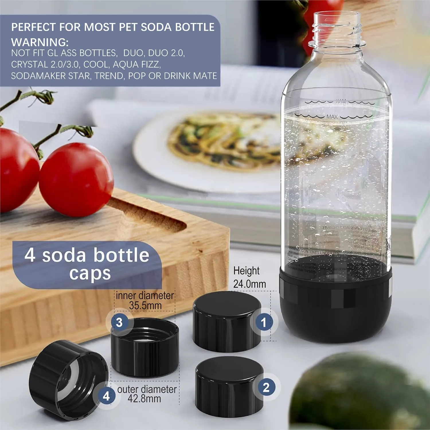 Mycket Soda Water Bottle Caps, 4 Packs Soda Carbonating Bottles Caps Compatible with Most Soda Machine Bottle(Black)