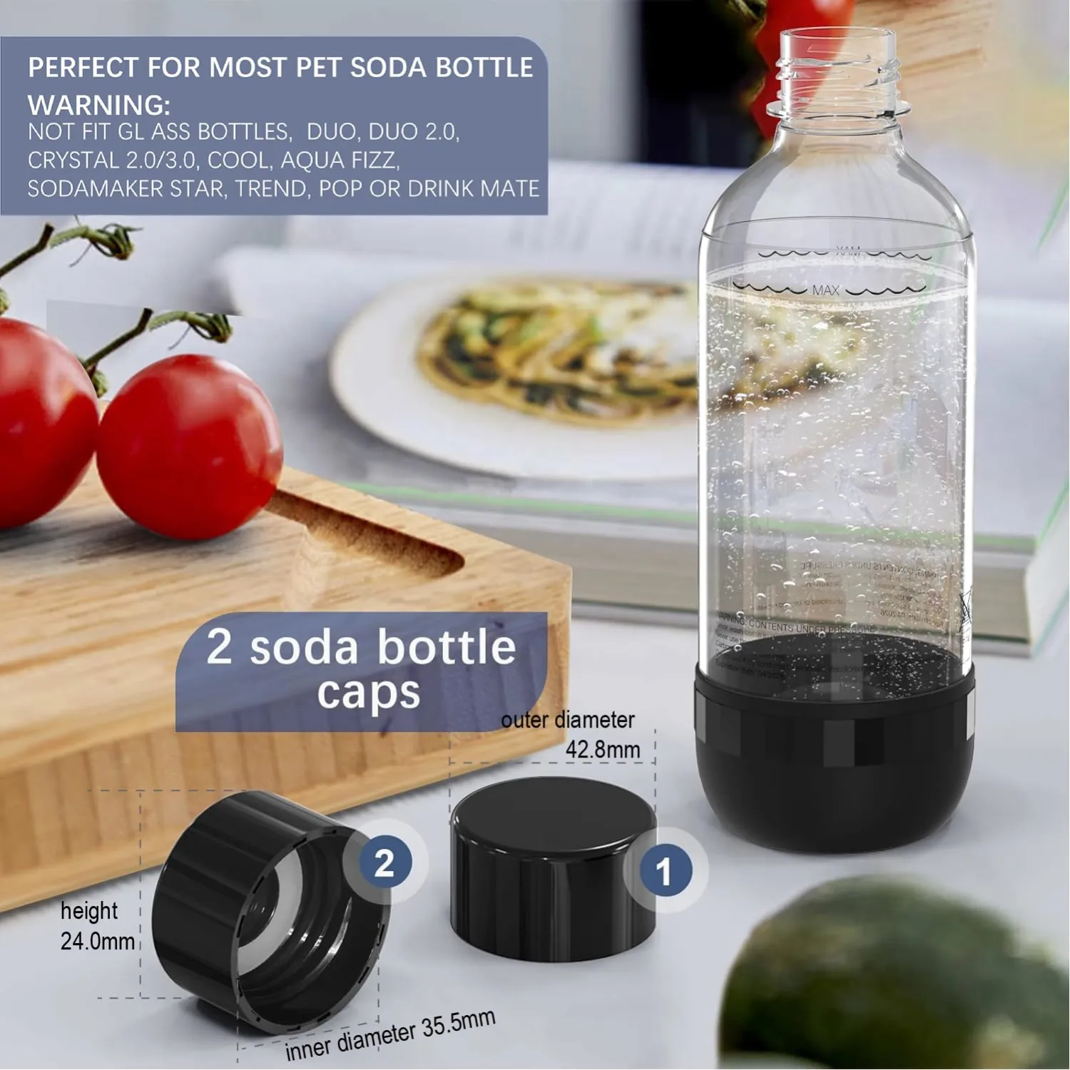 Mycket Soda Water Bottle Caps, 2 Packs Soda Carbonating Bottles Caps Compatible with Most Soda Machine Bottle（Black）
