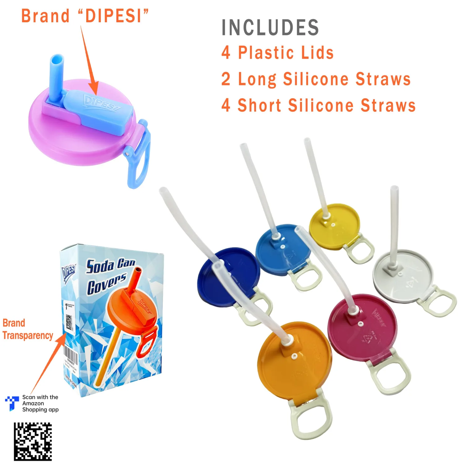 Soda Can Lids with Straws, 4 Pack BPA-Free Reusable Pop Can Lids – Energy Drink Color Inspired, Fits Standard 12oz/16oz Cans (RB-7)