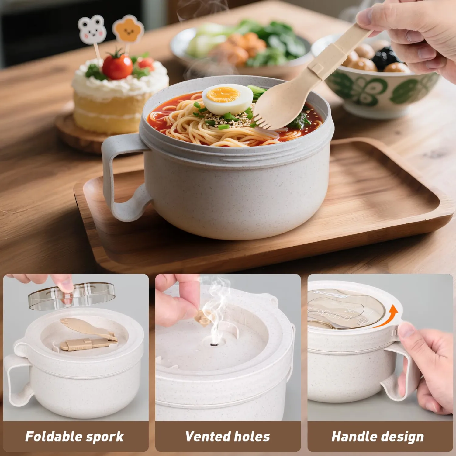 OZY Microwave Bowl Set with Lids and Handles,Ramen Noodles Cup Mug for Instant Noodles,Oatmeal,Salad,Soup,Cereal,Ideal for Home,Office, Dorm (1Beige)