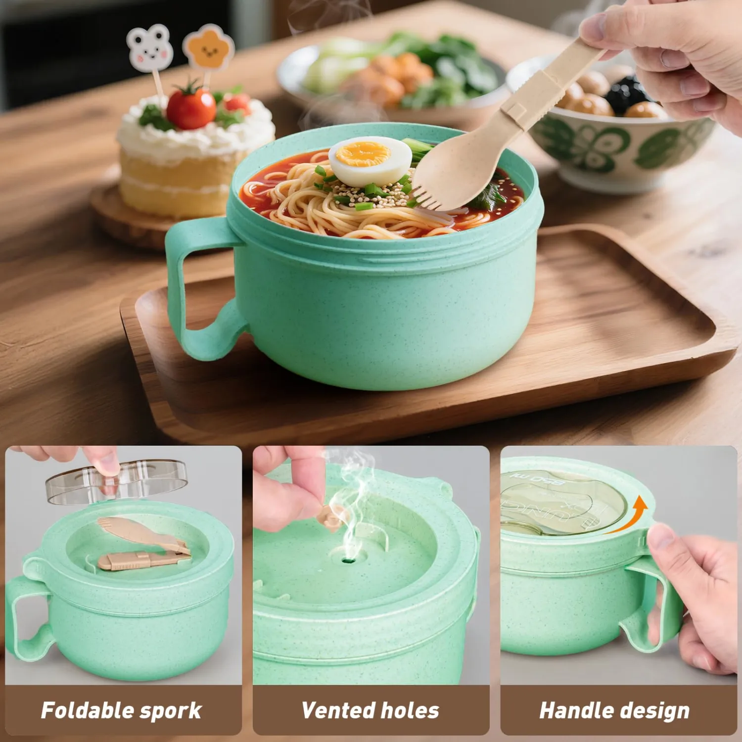 OZY Microwave Bowl Set with Lids and Handles,Ramen Noodles Cup Mug for Instant Noodles,Oatmeal,Salad,Soup,Cereal,Ideal for Home,Office, Dorm (1Green)