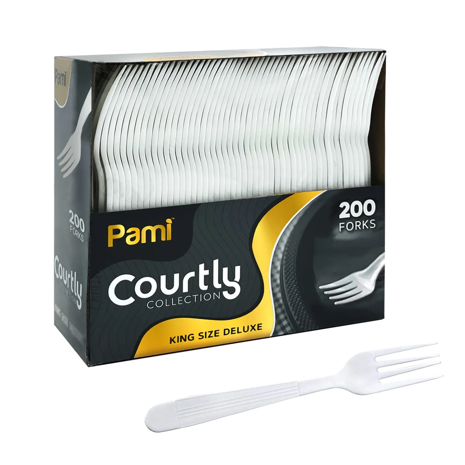 PAMI Heavy Weight Disposable Plastic Forks [200-Pack] - Bulk King Size Deluxe White Plastic Silverware For Parties, Weddings, Catering Food Stands, Takeaway- Heavy-Duty Single-Use Partyware Forks