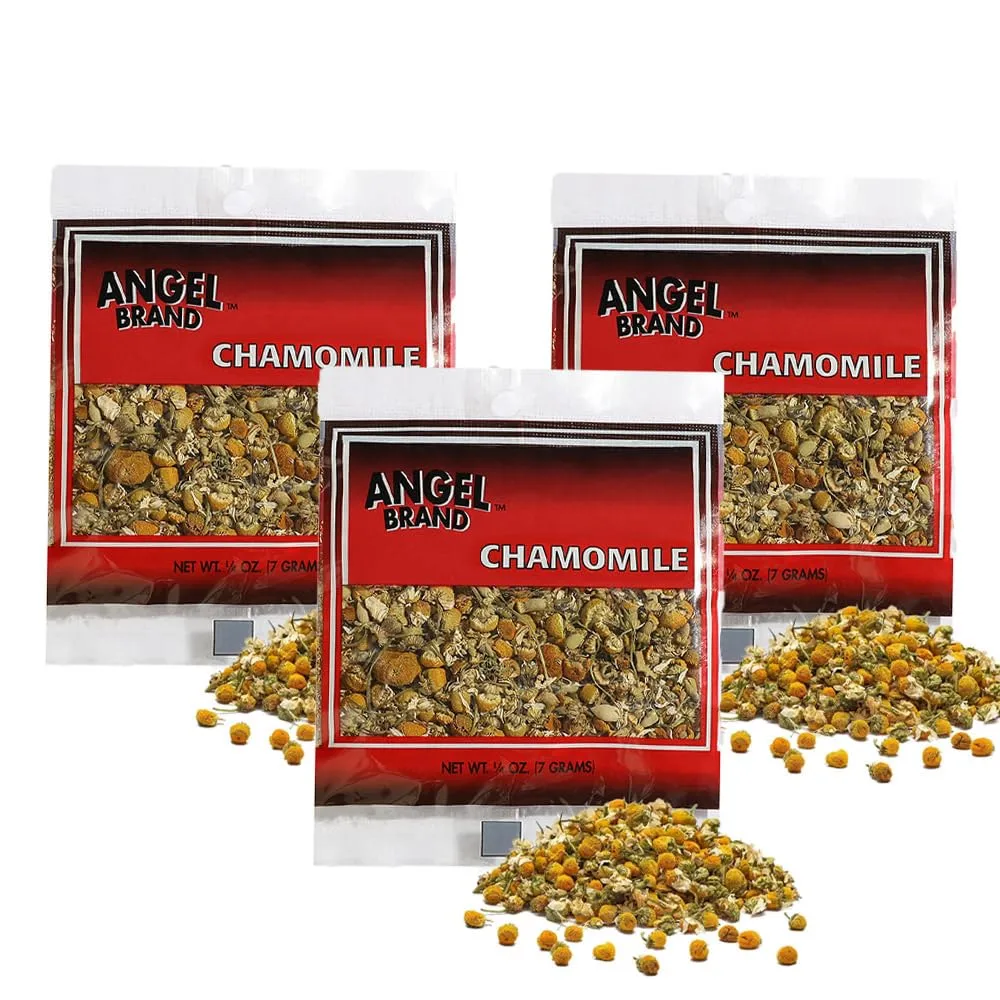 Angel Brand Dried Chamomile Flowers – 0.25 oz Pouch Pack of 3 – Premium Chamomile Flowers for Tea and Herbal Infusions.
