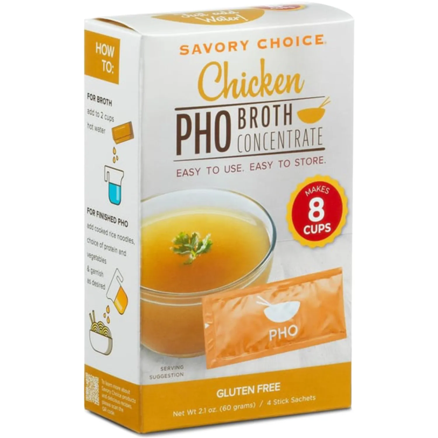 SAVORY CHOICE PHO Chicken Broth Concentrate, 1 Box of 4 Packets (15g) - Gluten-Free, Diary-Free PHO Broth Concentrate
