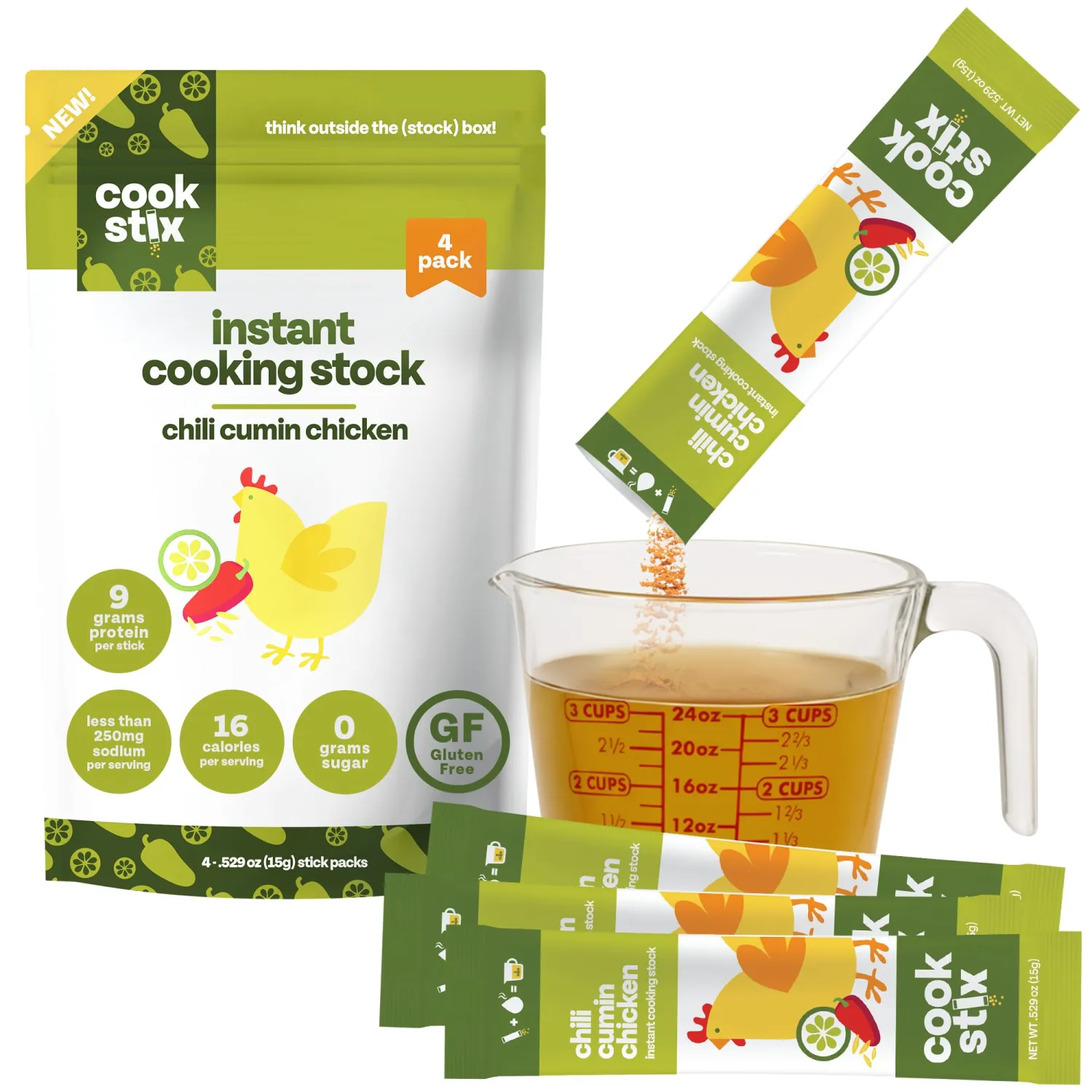 Cookstix Chili Cumin Lime Chicken Stock Sticks – Clean-Label Alternative to Bouillon Powder – No Sugar Added, Low Sodium, No Additives – Dehydrated Chicken Broth for Soups, Gravy, Cooking – 4 Pack