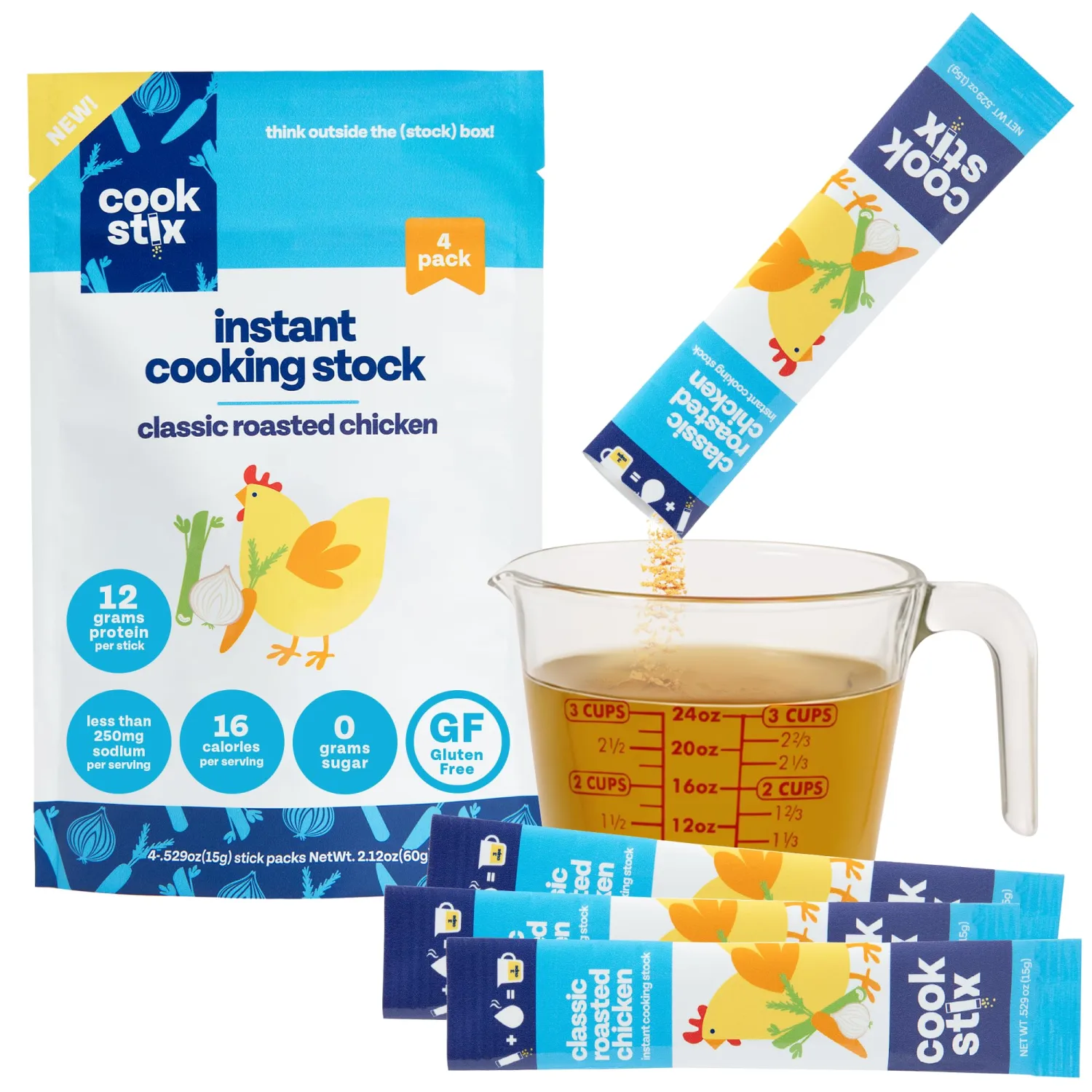 Cookstix Classic Instant Chicken Stock Sticks – Clean-Label Alternative to Bouillon Powder for Cooking – No Sugar Added, Lower Sodium, No Additives – Dehydrated Chicken Stock for Soups, Gravy & More – 4 Pack