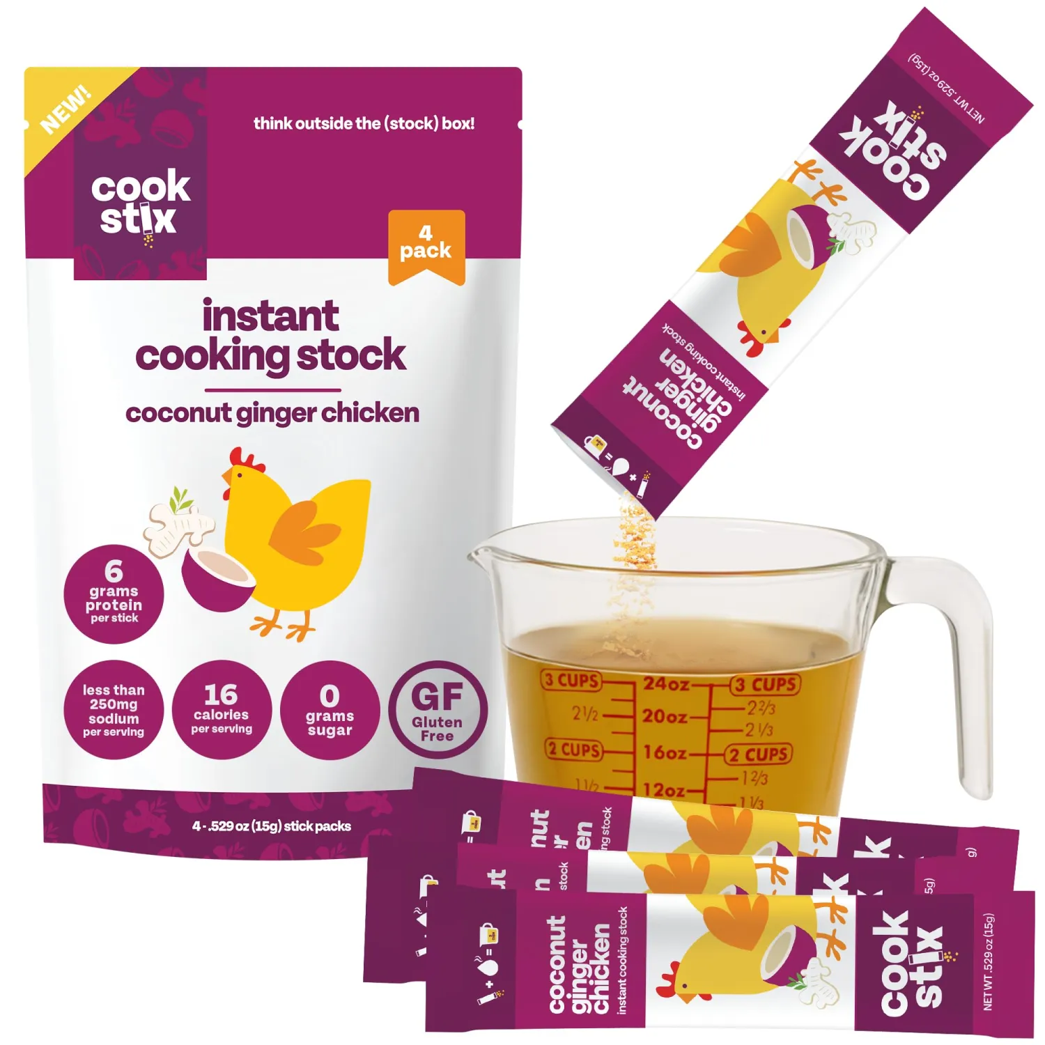 Cookstix Coconut Ginger Dehydrated Chicken Stock Powder Sticks, Made with Real Ingredients, Versatile Chicken Bouillon Powder Alternative for Cooking, Clean Label, No Sugar Added, Lower Sodium, 4 Pack