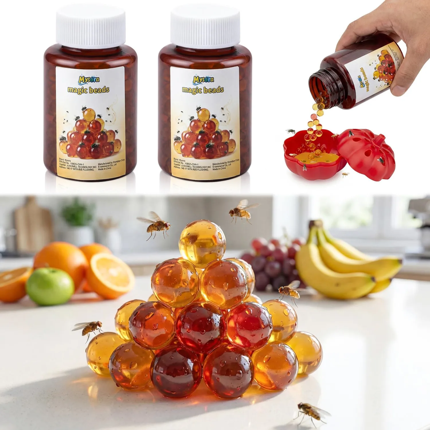 2 Pack Fruit Fly Trap Refill Beads, 100g/bottle Solid Beads for Indoor Fruit Fly Traps, Non-Toxic, Safe Near Food, Effective Bait Refill for Indoor and Kitchen Use
