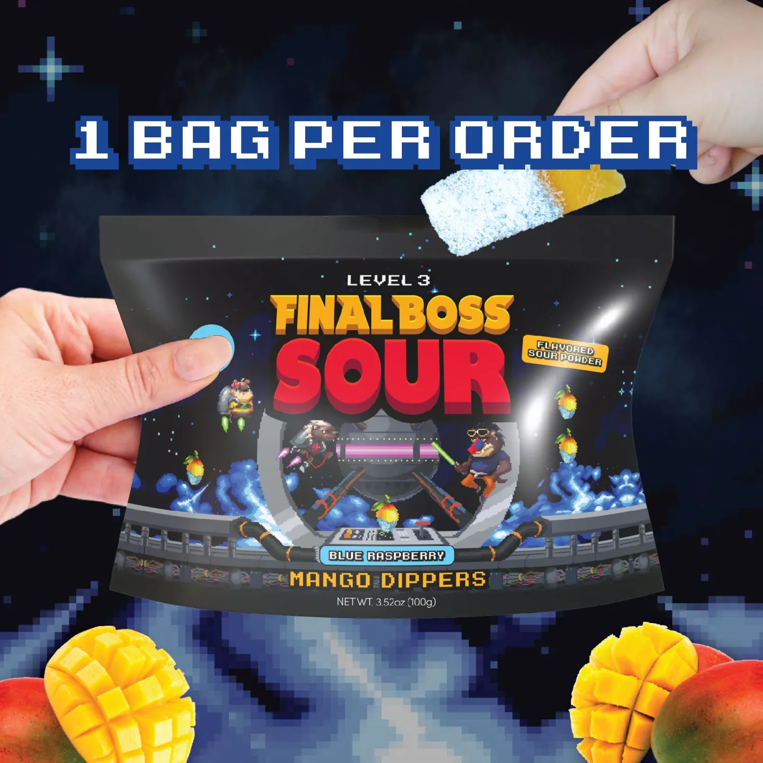 Final Boss Sour Fun Dip, Blue Raspberry, 1 Pack, Level 3, Extreme Super Sour Powder with Real Candy Tasting Dried Mangoes, All Natural 80s & 90s Party Sour Candy for Kids, Teens & Adults