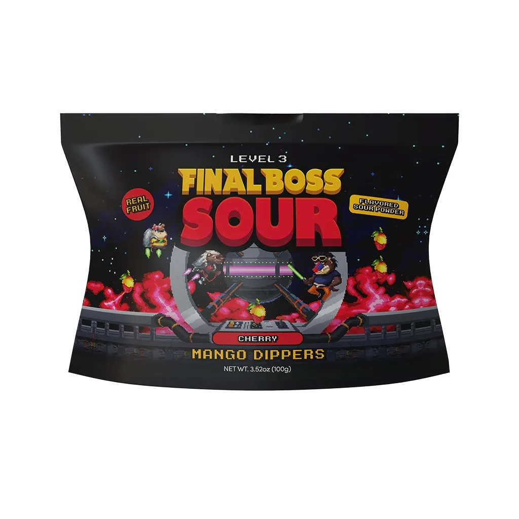 Final Boss Sour Fun Dip, Cherry, 1 Pack, Level 3, Extreme Super Sour Powder with Real Candy Tasting Dried Mangoes, All Natural Old School 80s 90s Party Sour Candy for Kids, Teens & Adults