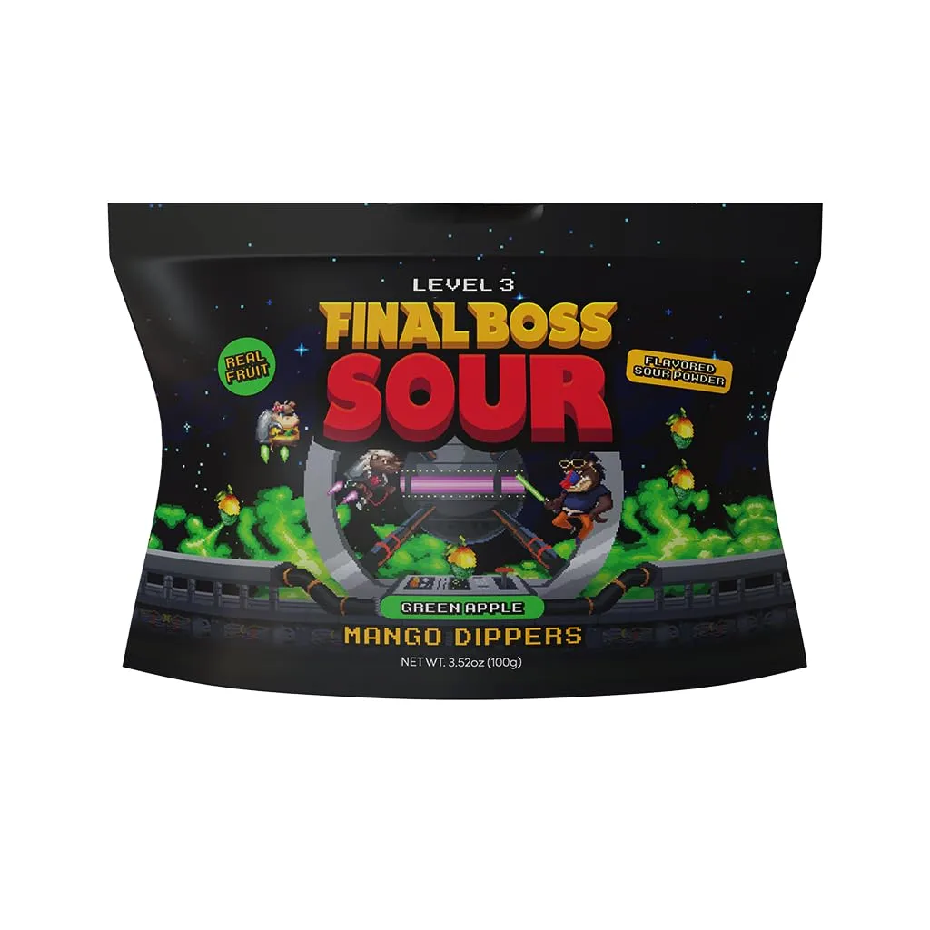 Final Boss Sour Fun Dip, Green Apple, 1 Pack, Level 3, Extreme Super Sour Powder with Real Candy Tasting Dried Mangoes, All Natural 80s & 90s Party Sour Candy for Kids, Teens, Adults