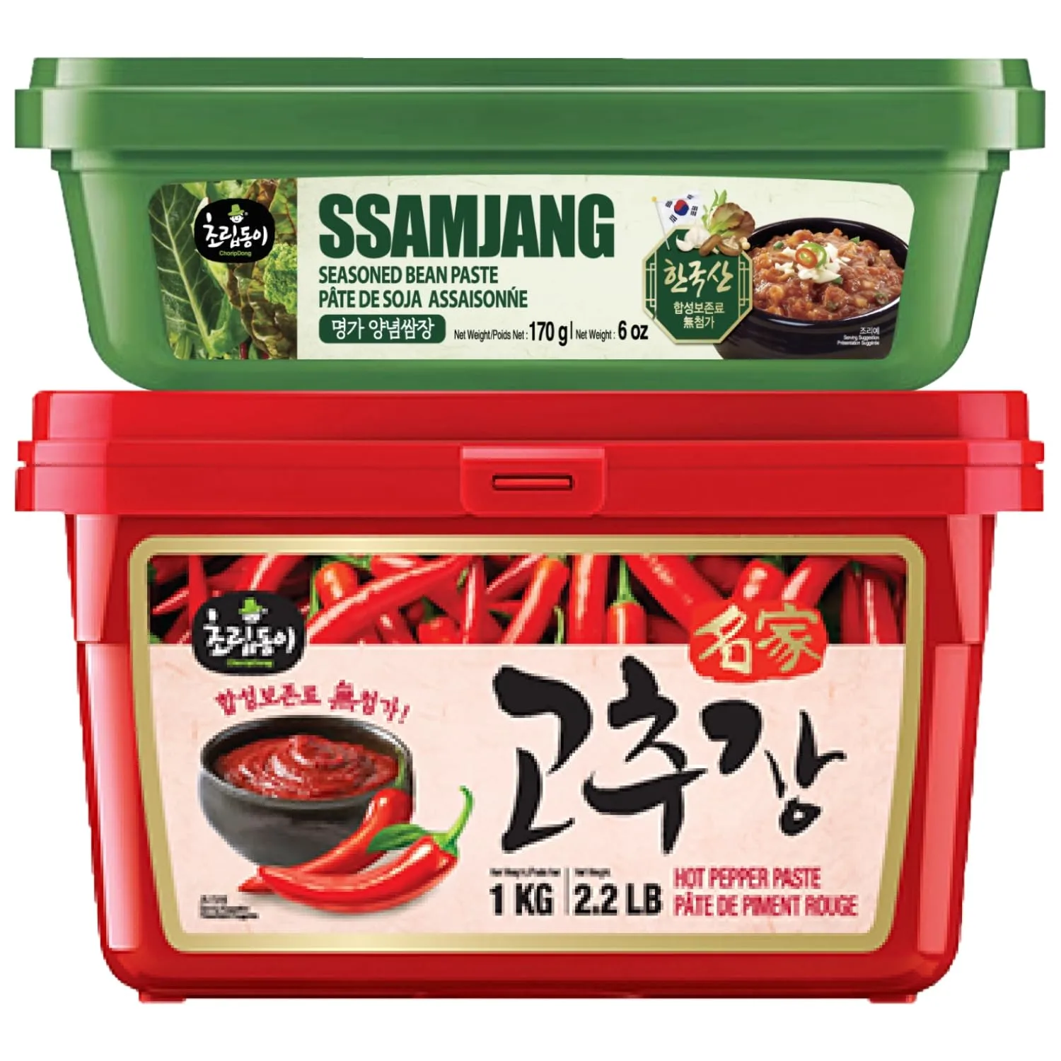 Korean Food Choripdong Gochujang & Ssamjang Set, Red Chili Paste (1.1lb/500g) + Korean Soybean Paste (0.38lb/170g), Korean Sauce Combo