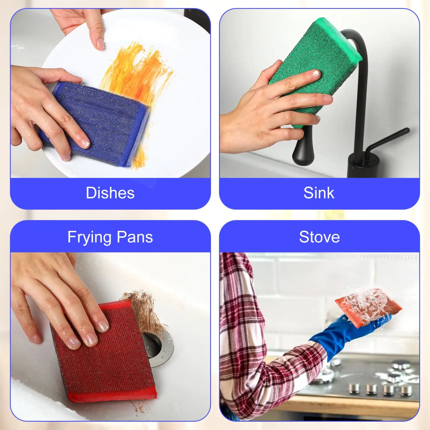 24 Pack Steel Scrub Sponges, Non-Scratch Metal Dish Scrubbers Heavy Duty Scouring Pads Kitchen Metal scrubbers for Pots Pans Cleaning Red Blue Green Yellow 4 Color