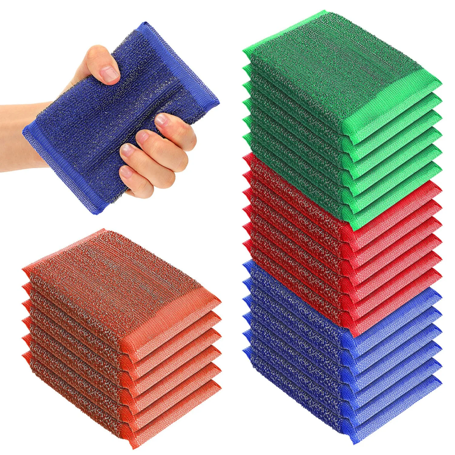24 Pack Steel Scrub Sponges, Non-Scratch Metal Dish Scrubbers Heavy Duty Scouring Pads Kitchen Metal scrubbers for Pots Pans Cleaning Red Blue Green Yellow 4 Color