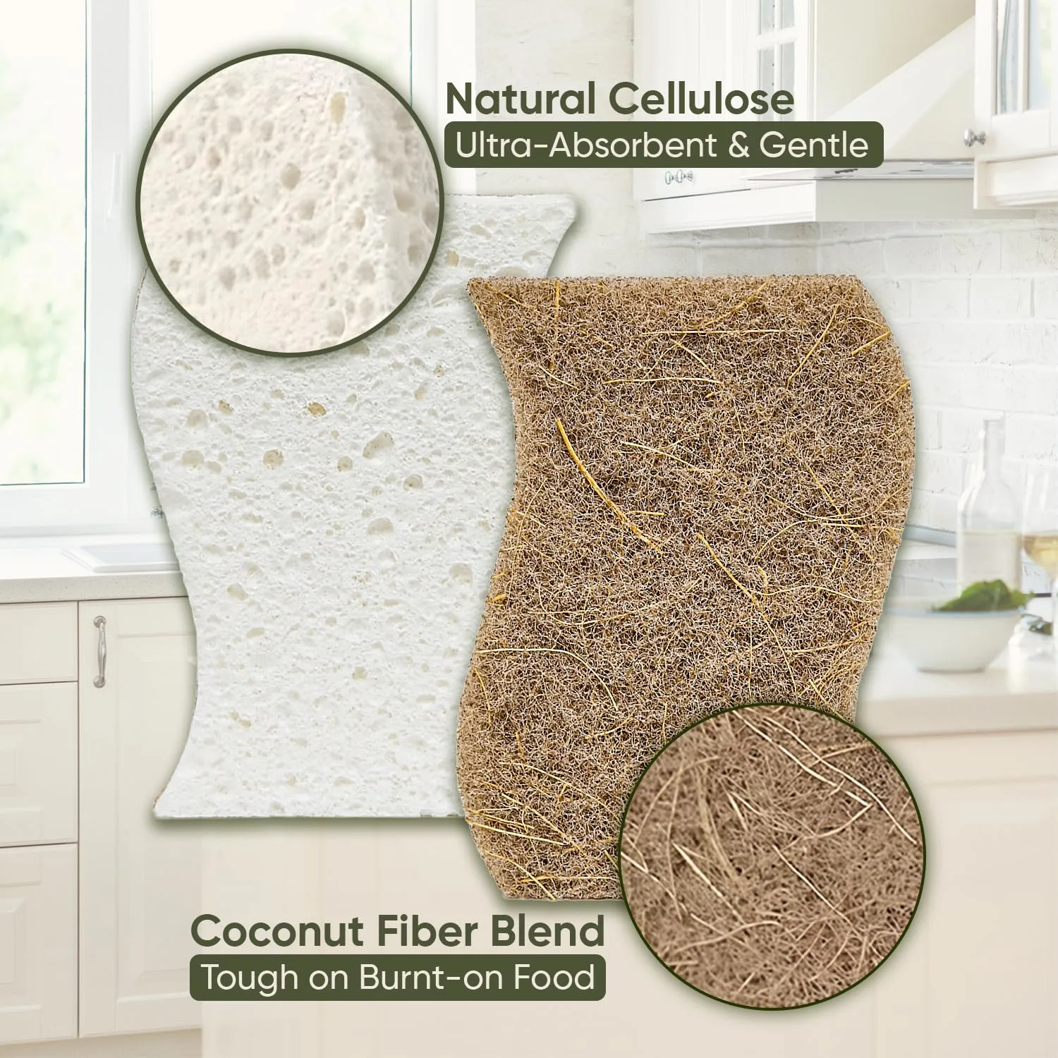 Plant-Based Kitchen Sponges (12 Pack) | USDA Biobased Certified | FSC & PETA Approved | Natural Cellulose & Coconut Scrubber Sponge | S-Shaped Design | Eco-Friendly, Non-Scratch, Non-Toxic & Vegan