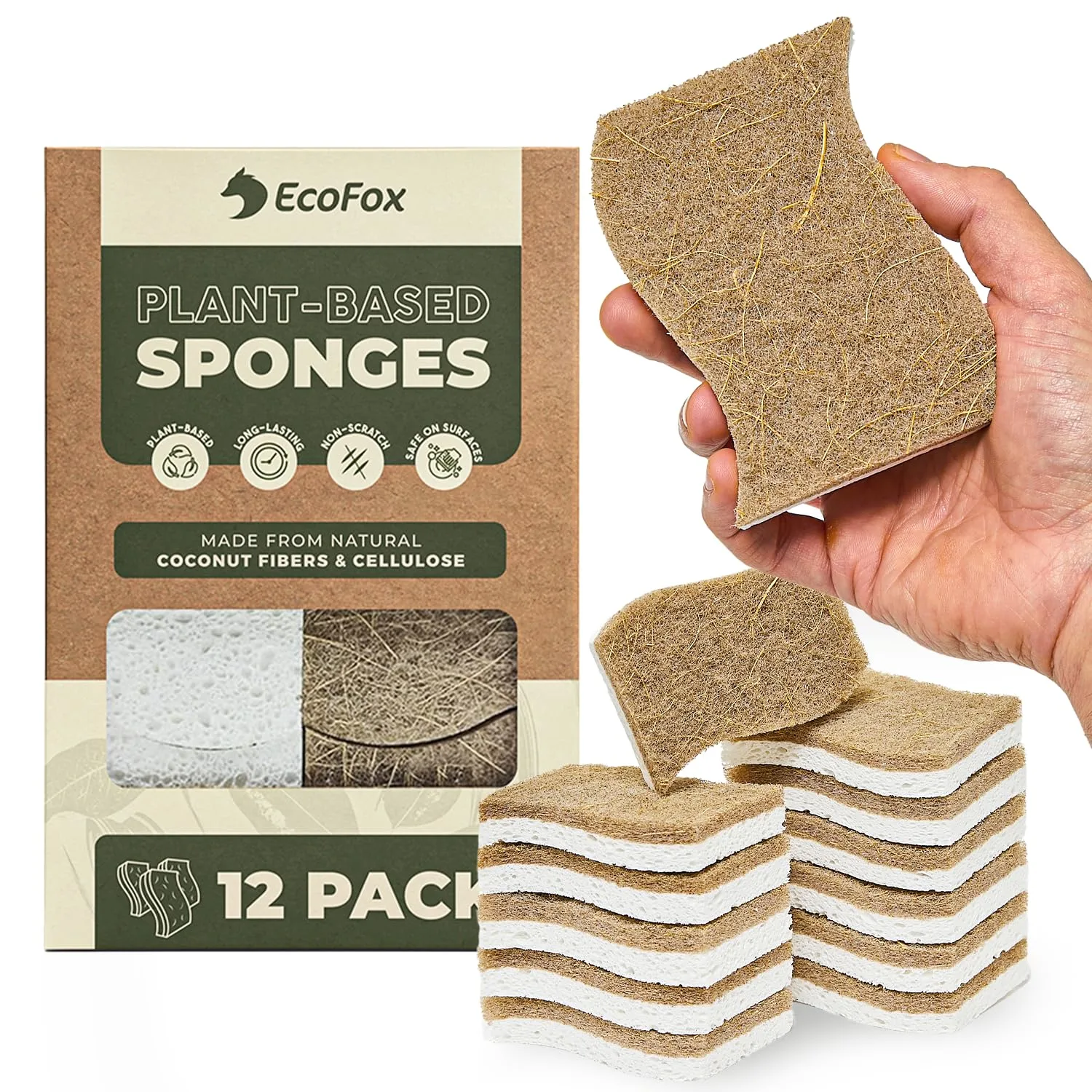 Plant-Based Kitchen Sponges (12 Pack) | USDA Biobased Certified | FSC & PETA Approved | Natural Cellulose & Coconut Scrubber Sponge | S-Shaped Design | Eco-Friendly, Non-Scratch, Non-Toxic & Vegan