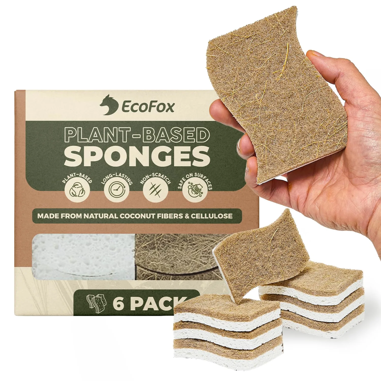 Plant-Based Kitchen Sponges (6 Pack) | USDA Biobased Certified | FSC & PETA Approved | Natural Cellulose & Coconut Scrubber Sponge | S-Shaped Design | Eco-Friendly, Non-Scratch, Non-Toxic & Vegan