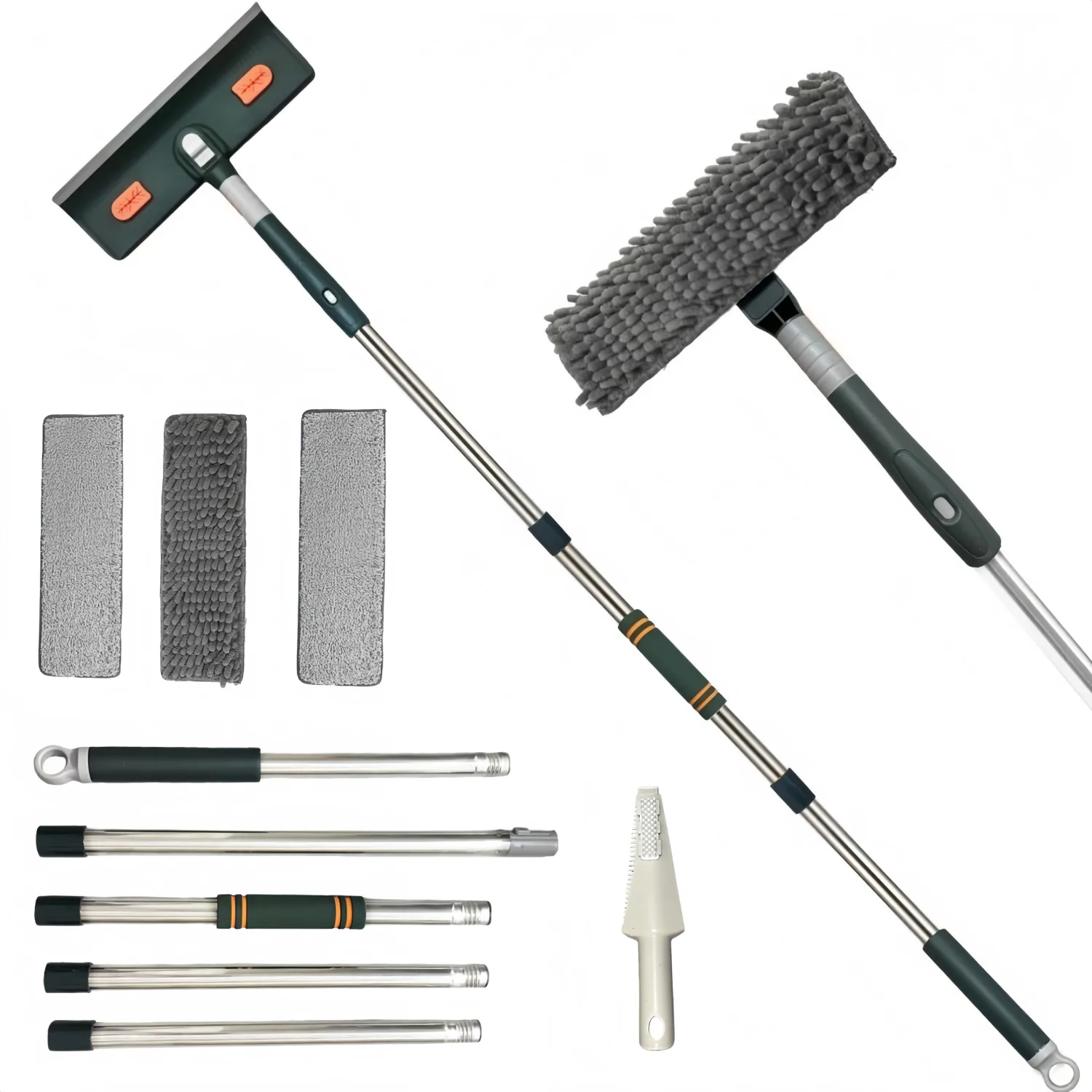 4 in 1 Window Squeegee Cleaner Set,Long Squeegee for Window Cleaning with 81" Adjustable Extendable Pole,Professional Long-Handled Window Washing Kit for Home,Outdoor Windows, Glass, Floor