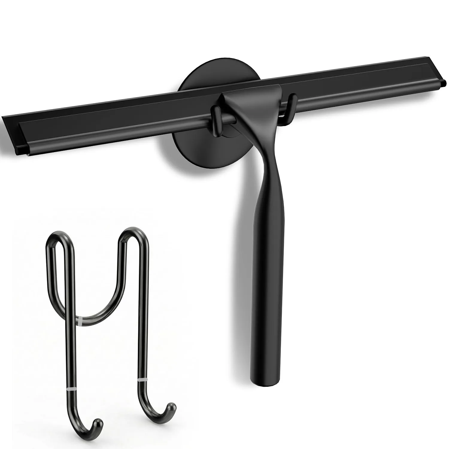 FARMER Shower Squeegee for Glass Doors, 10-Inch Glass Squeegee for Windows, Car Glass and Mirrors, Multi-Purpose Stainless Steel Squeegee with Suction Wall Hook and Over Door Hook, Black