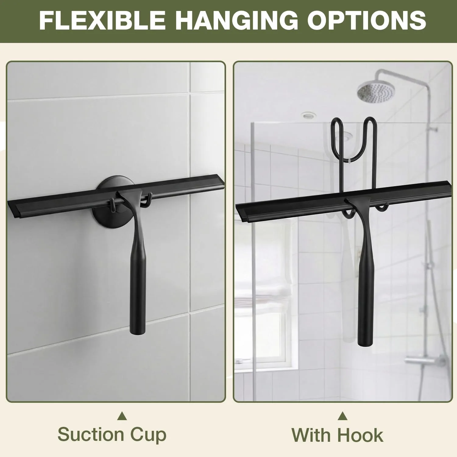 FARMER Shower Squeegee for Glass Doors, 10-Inch Glass Squeegee for Windows, Car Glass and Mirrors, Multi-Purpose Stainless Steel Squeegee with Suction Wall Hook and Over Door Hook, Black
