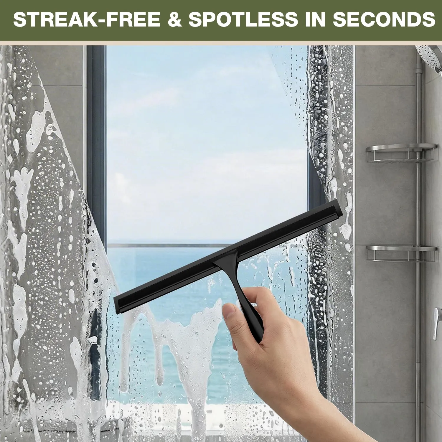 FARMER Shower Squeegee for Glass Doors, 10-Inch Glass Squeegee for Windows, Car Glass and Mirrors, Multi-Purpose Stainless Steel Squeegee with Suction Wall Hook and Over Door Hook, Black