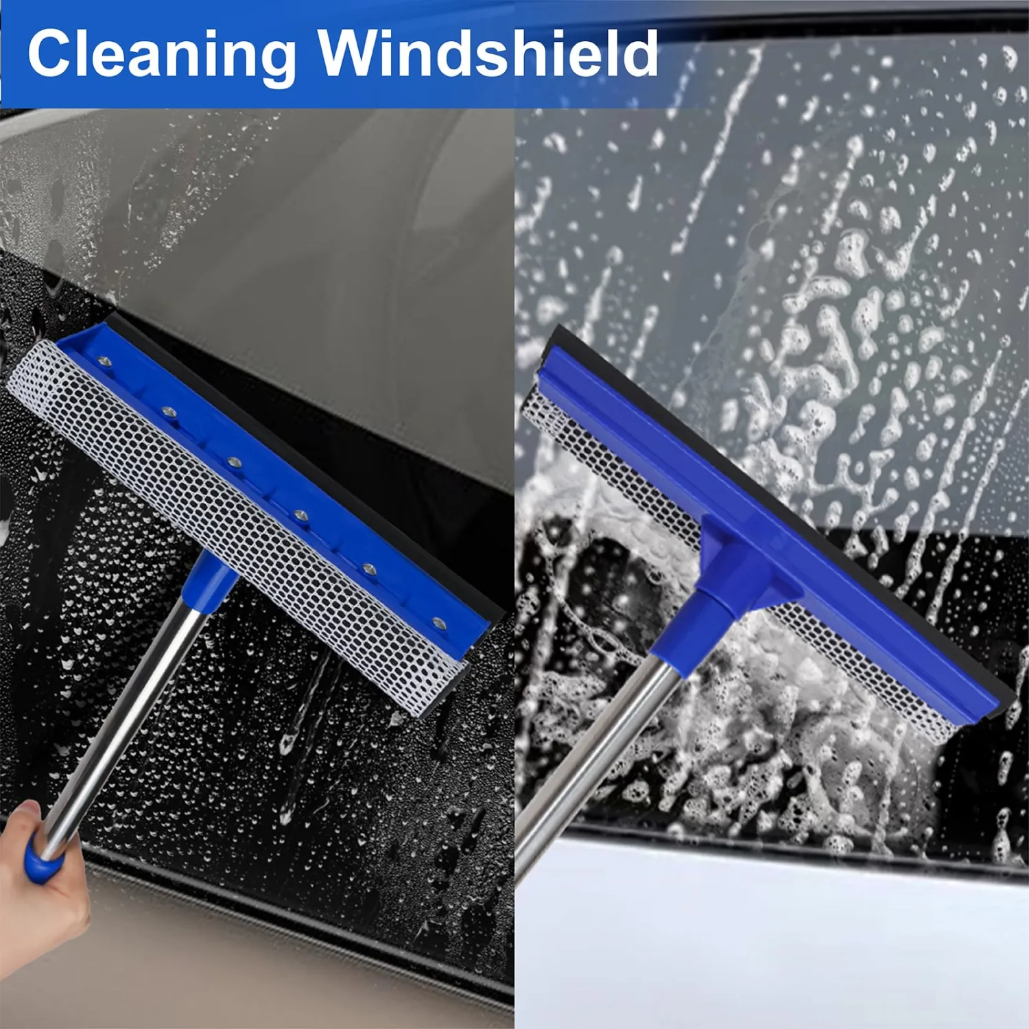 2-in-1 Car Windshield Squeegee and Sponge Scrubber for Cleaning and Washing, Rubber Blade Cleaner with Handle, Retractable car Wipers Suitable for All Vehicles, Blue