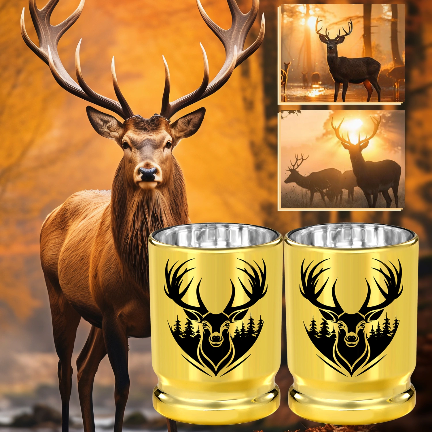2pcs  50 Caliber Deer Head Golden Plastic Wine Glasses With Gift Box - Leak Proof, Reusable - Stylish Animal Print Design, Suitable For Whiskey, Tequila, Etc