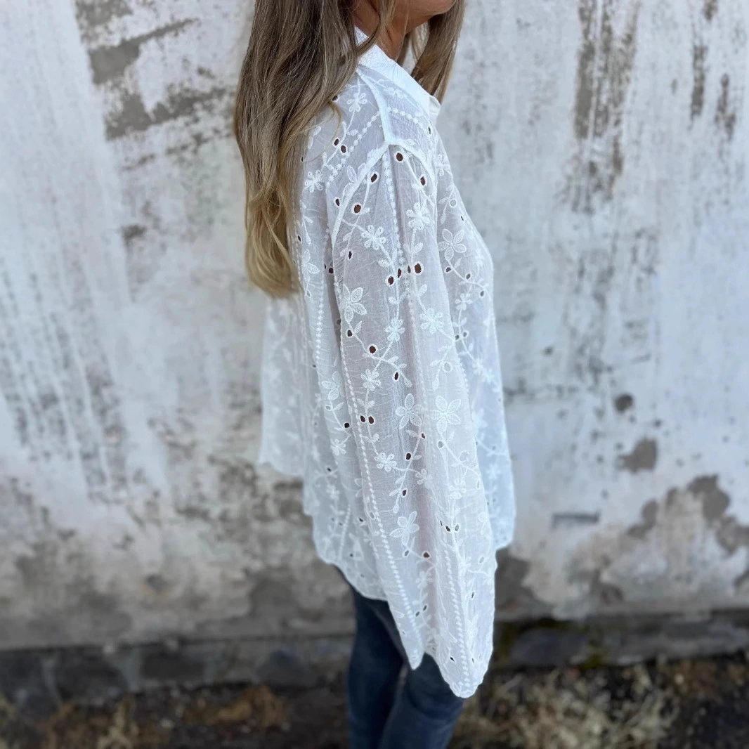 Sweet And Elegant Embroidered Hollow-Out Cotton-Linen Shirt Casual Top