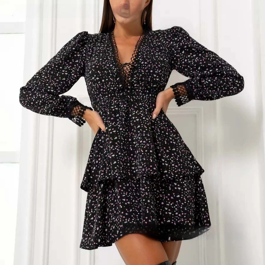 New Polka-Dot Waist-Cinched V-Neck Ruffle A-Line Dress