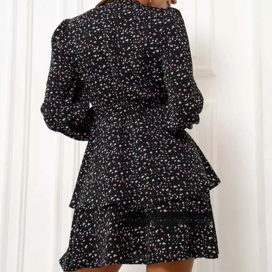 New Polka-Dot Waist-Cinched V-Neck Ruffle A-Line Dress
