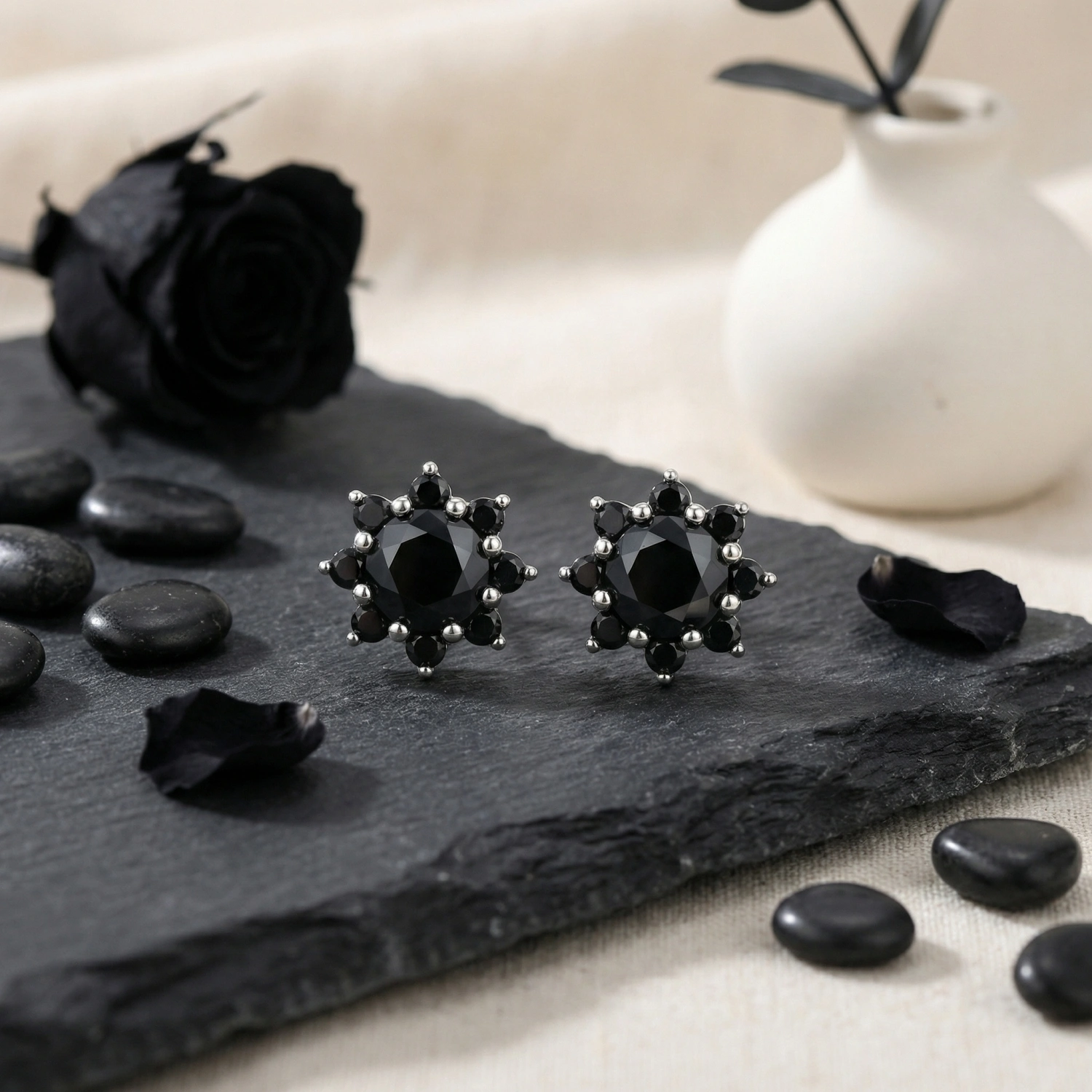 925 Sterling Silver Elegant Floral Black Diamond Cluster Stud Earrings in Sterling Silver