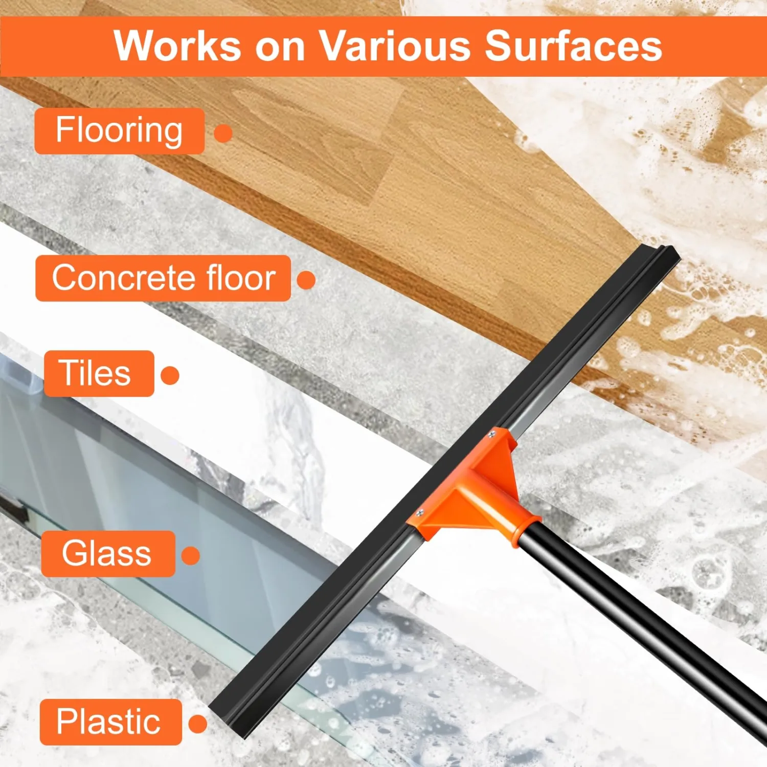 Heavy Duty Floor Squeegee with Long Handle, 18" Rubber Wiper Broom for Concrete Tile Cleaning Commercial Scrubber Mop for Garage Deck Bathroom Kitchen Pool Glass