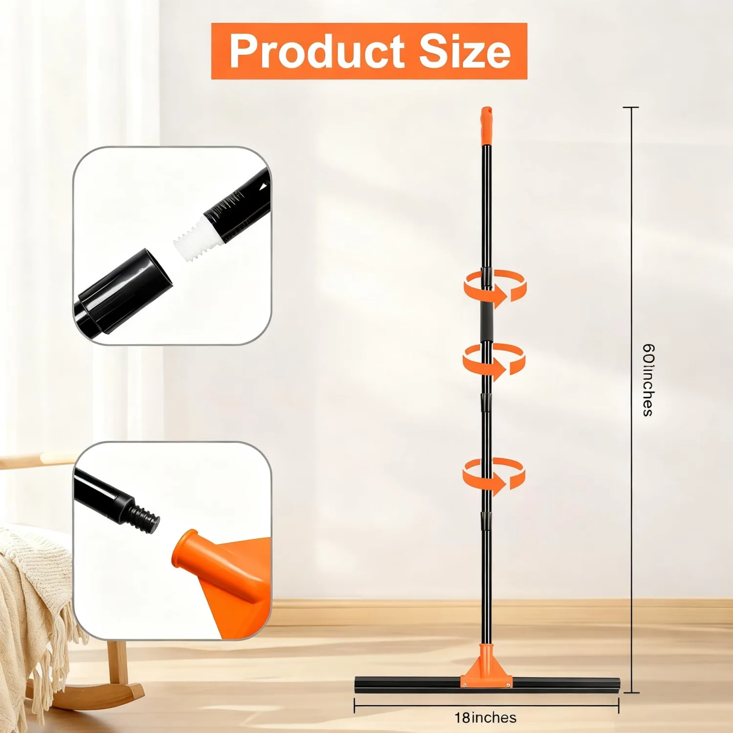 Heavy Duty Floor Squeegee with Long Handle, 18" Rubber Wiper Broom for Concrete Tile Cleaning Commercial Scrubber Mop for Garage Deck Bathroom Kitchen Pool Glass