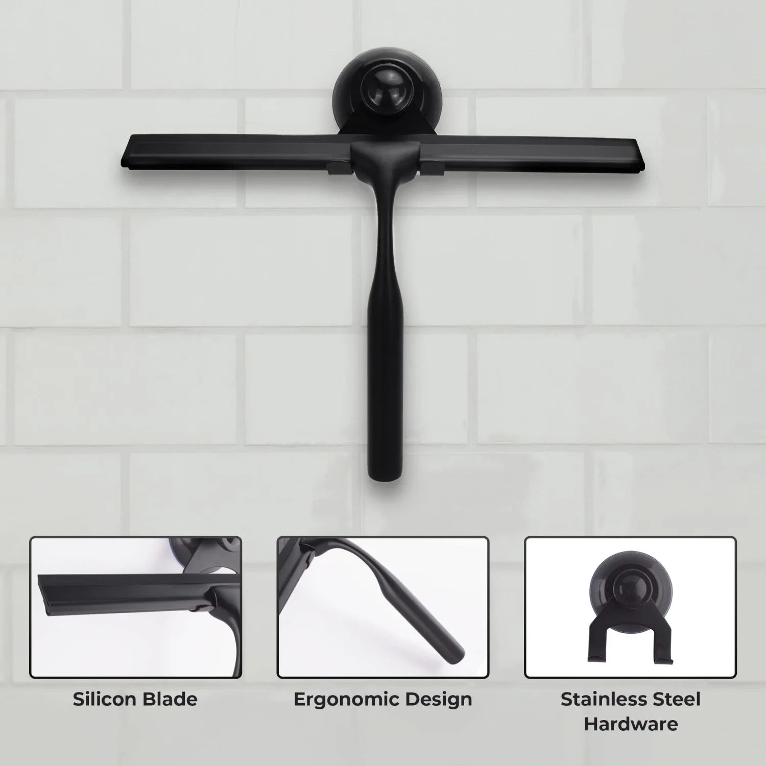 Matte Black Shower Squeegee for Glass Doors with Adhesive Hooks, Squeegee for Shower Glass, Cleaner Tool for Bathroom Household Window Mirror Tile Wall Car, 10 Inch Black