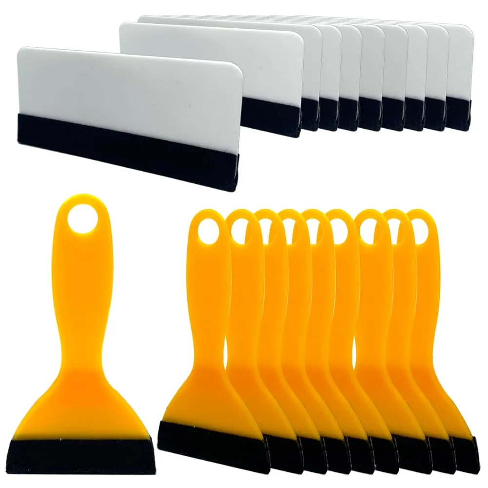 Black Felt Edge Squeegee Tool,Car Vinyl Film Wrapping Decal Glass Window Tint,Wallpaper Sticker Installation Spatula, Patching Putty Paint Flexible Small Plastic Scraper(Yellow 10Pcs,White 10Pcs)