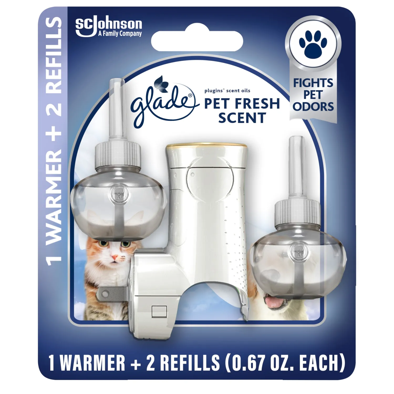 Glade PlugIns Refills Air Freshener Starter Kit, Pet Fresh Scent, Scented and Essential Oils for Home and Bathroom, 0.67 Fl Oz, 1 Warmer + 2 Refills