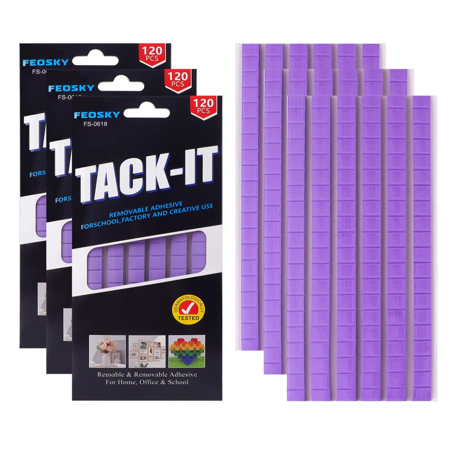 Feosky Adhesive Poster Sticky Tack Putty, Reusable and Removable Adhesive Putty, Mounting Putty for displaying Wall Paintings, Picture, Decoration, Crafts (Purple, Pack of 3)