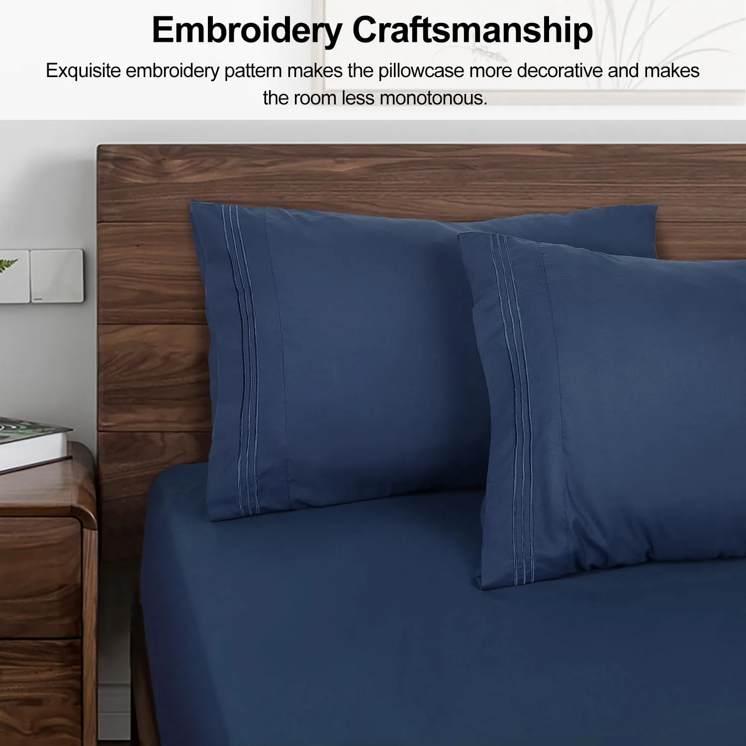 Lirex Pillow Cases (2 Pack), 1800 Thread Count Embroidered Standard Size Soft Brushed Microfiber Pillowcases, Machine Washable Wrinkle Free Breathable (Blue, Standard)