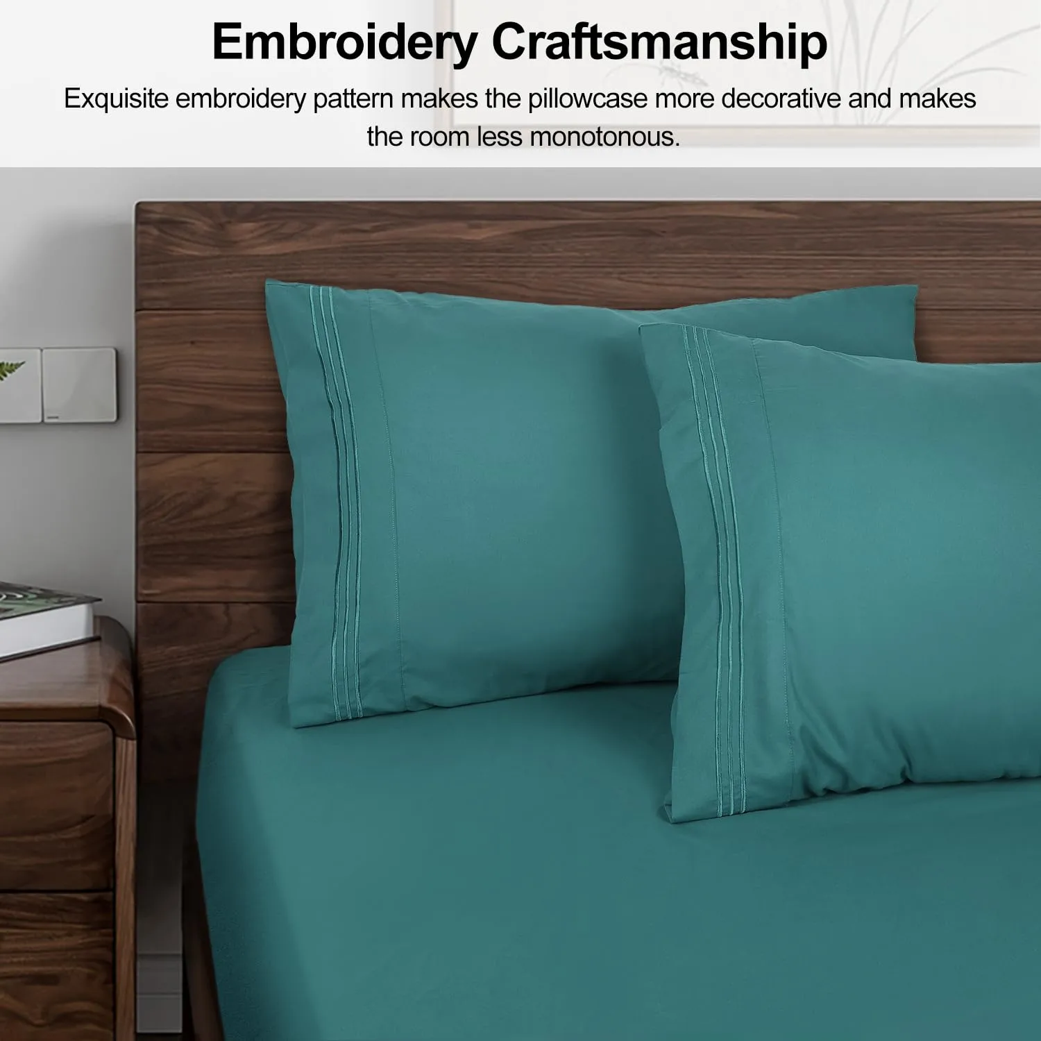 Lirex Pillow Cases (2 Pack), 1800 Thread Count Embroidered Standard Size Soft Brushed Microfiber Pillowcases, Machine Washable Wrinkle Free Breathable (Green, SKing)